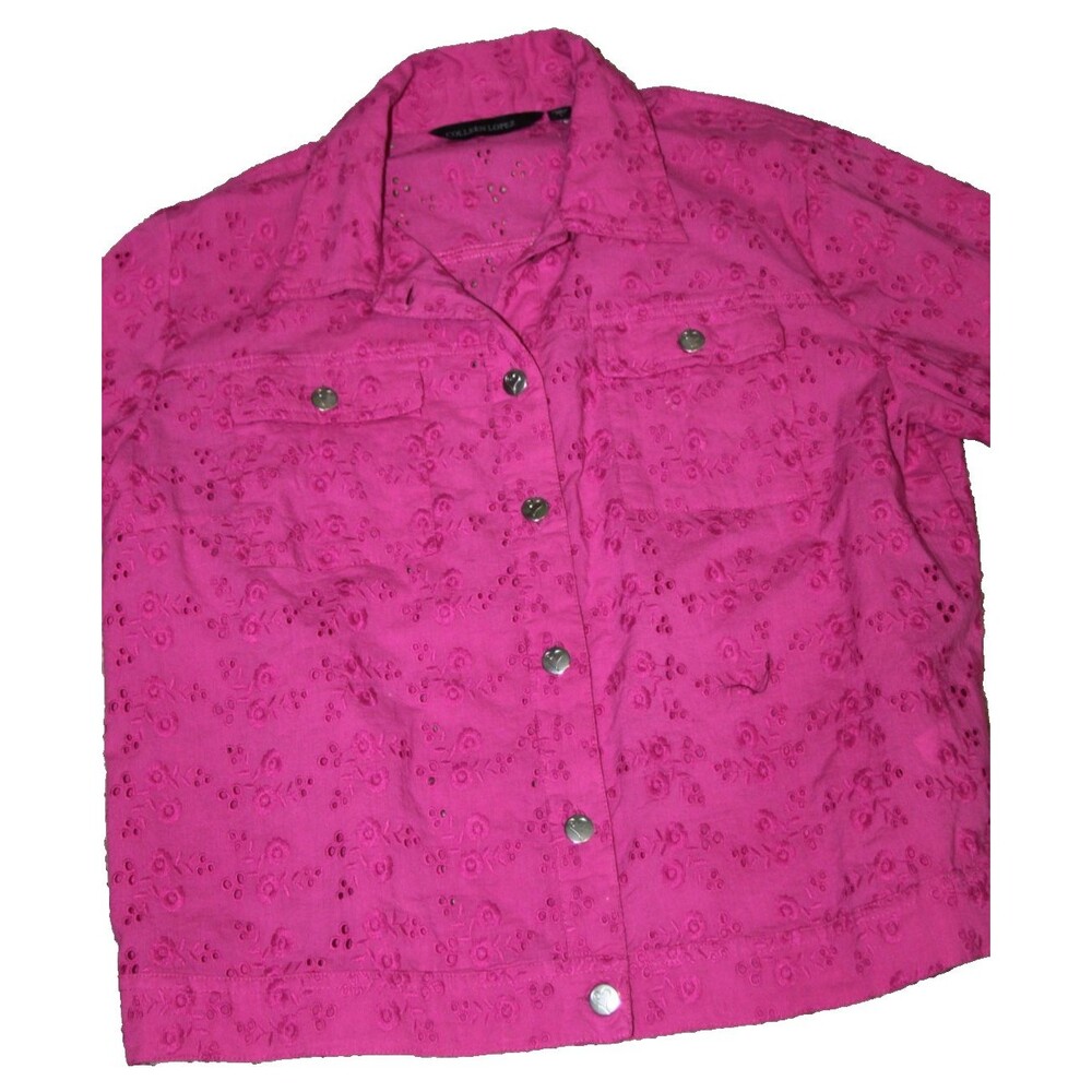 Colleen Lopez Cotton Eyelet Button Up Jacket Pink Fuchsia Women Lightweight Lg - Picture 6 of 10